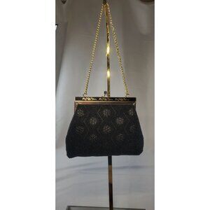 Vintage Beaded Purse Bag Kiss Clasp Chain Shoulder Handbag Black